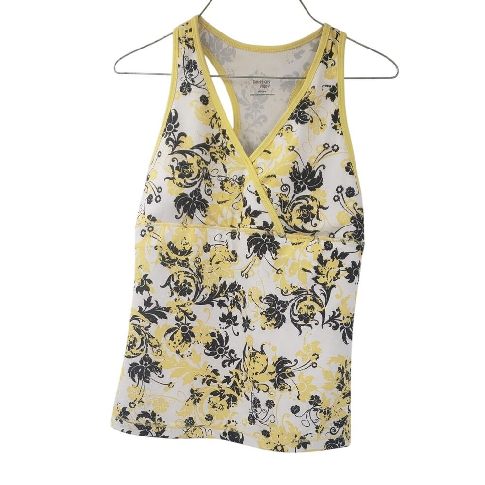 DANSKIN NOW Racerback Yellow Floral Tank Top Womens Size Small S Athletic